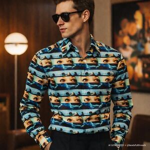 Ben Sherman M Blue Graphic Print Button-Down Shirt Mod Art